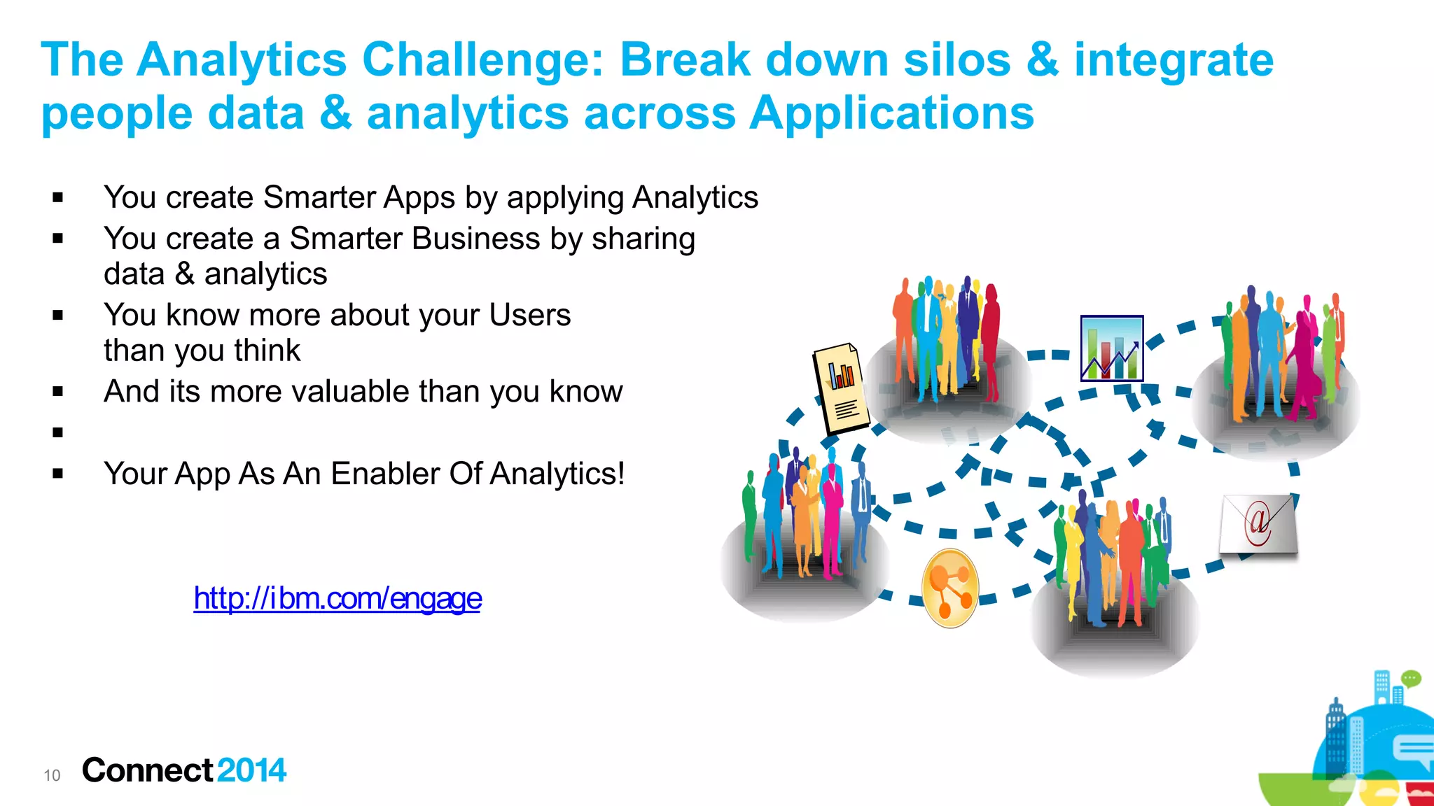 The Analytics Challenge: Break down silos & integrate
people data & analytics across Applications







You create Smarter Apps by applying Analytics
You create a Smarter Business by sharing
data & analytics
You know more about your Users
than you think
And its more valuable than you know




Your App As An Enabler Of Analytics!

http://ibm.com/engage

10

 