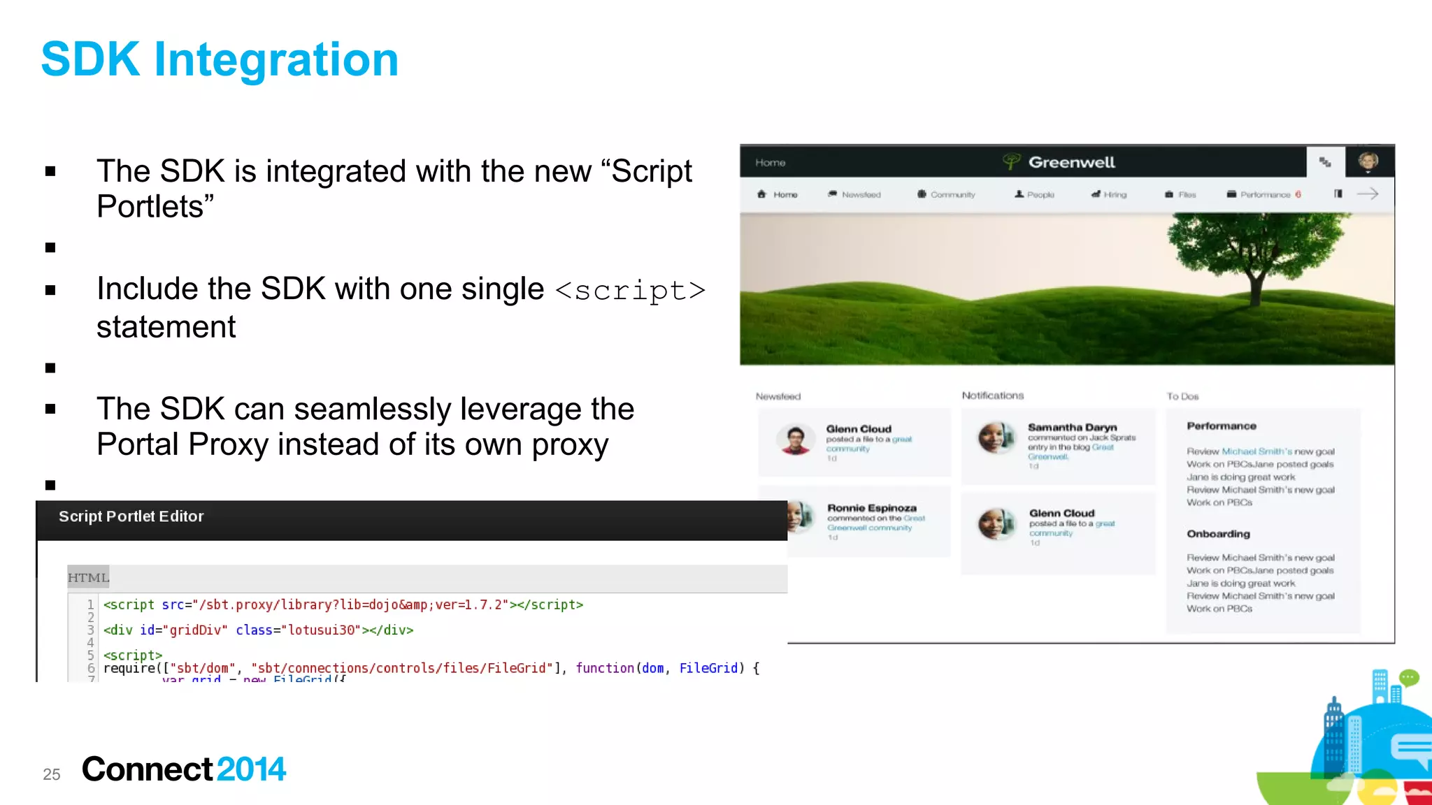 SDK Integration


The SDK is integrated with the new “Script
Portlets”




Include the SDK with one single <script>
statement







25

The SDK can seamlessly leverage the
Portal Proxy instead of its own proxy

 