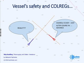 Vessel’s safety and COLREGs…
COLREGs IS EASY – JUST
ALTER COURSE IN
ADVANCEREALLY???
 