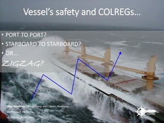 Vessel’s safety and COLREGs…
• PORT TO PORT?
• STARBOARD TO STARBOARD?
• OR….
ZIGZAG?
 
