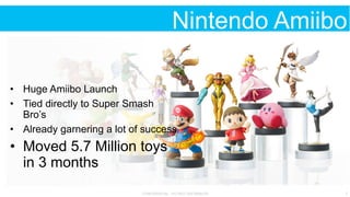 CONFIDENTIAL - DO NOT DISTRIBUTE 7
Nintendo Amiibo
•  Huge Amiibo Launch
•  Tied directly to Super Smash
Bro’s
•  Already garnering a lot of success
•  Moved 5.7 Million toys
in 3 months
 