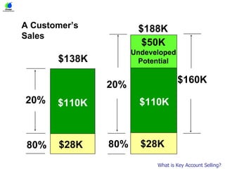 80% $28K 20% $110K $138K A Customer’s Sales What is Key Account Selling? $28K 80% 20% $110K $50K Undeveloped Potential $188K $160K 