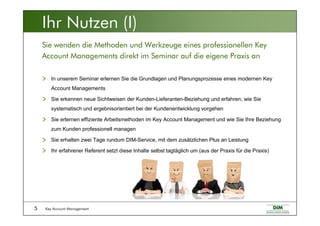 Key Account Management5
In unserem Seminar erlernen Sie die Grundlagen und Planungsprozesse eines modernen Key
Account Managements
Sie erkennen neue Sichtweisen der Kunden-Lieferanten-Beziehung und erfahren, wie Sie
systematisch und ergebnisorientiert bei der Kundenentwicklung vorgehen
Sie erlernen effiziente Arbeitsmethoden im Key Account Management und wie Sie Ihre Beziehung
zum Kunden professionell managen
Sie erhalten zwei Tage rundum DIM-Service, mit dem zusätzlichen Plus an Leistung
Ihr erfahrener Referent setzt diese Inhalte selbst tagtäglich um (aus der Praxis für die Praxis)
Sie wenden die Methoden und Werkzeuge eines professionellen Key
Account Managements direkt im Seminar auf die eigene Praxis an
Ihr Nutzen (I)
 