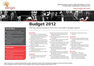 Budget 2012
The UK deficit                                The key announcements from the Chancellor’s Budget speech
n  eficit expected to fall – state
   D
   was borrowing 1 in 4 of every pound        Economy                                       n  igher rate tax band frozen at £42,475,
                                                                                              H                                             n  general anti-evasion law to come
                                                                                                                                              A
   it spends                                  n  he Chancellor, Mr Osborne said he
                                                T                                             reducing the basic rate tax band from           into place
n  eficit is falling and forecast to reach
  D                                             would deliver a “strategy where financial     £35,000 to £34,370
  7.6% this year                                services are strong but not the only        n  ax-free allowance band rises to £9,205
                                                                                              T                                             Pensions
n  n course for debt reduction by 2016/17
  O                                             backbone to the economy”                      in April 2013                                 n  utomatic review of state pension age
                                                                                                                                              A
n 
  Government is borrowing at cheapest         n  cited key risks to economy as UK
                                                He                                          n  rom April 2012 corporation tax will fall
                                                                                              F                                               to ensure it keeps pace with increasing
  prices than at any time in 400 years          exports to eurozone and high oil prices       to 24%, in 2014 it will be 22                   life spans
n  orrowing this year is to come in at
  B                                           n  ffice of Budget Responsibility (OBR)
                                                O                                           n  ew cap on tax reliefs set at 25% of total
                                                                                              N                                             n  elf-assessment forms for
                                                                                                                                              S
  £126 billion                                  expects the British economy to avoid a        income for anyone claiming more than            pensioners scrapped
                                                technical recession                           £50,000 in a year, but no significant         n  ew single-tier state pension for future
                                                                                                                                              N
                                              n nflation expected to fall to 1.9%
                                                I                                             change to pensions relief                       pensioners to be set at about £140 and
Employment                                      next year                                   n  ge-related allowances for the 65s
                                                                                              A                                               based on contributions
                                              n  rowth forecast 2% next year, 2.7%
                                                G                                             and over will increase from £9,940            n  5.30 increase in state pension
                                                                                                                                              £
n  BR forecasts unemployment to peak this
  O                                             in 2014, 3% in 2015/16                        to £10,500
  year at 8.7% before falling each year to    n  old holdings have risen to £11 billion
                                                G                                           n  ge-related allowances will eventually
                                                                                              A                                             Benefits
  6.3% by 2016/17                                                                             be withdrawn once the rates align with        n  hild benefit – will only be
                                                                                                                                              C
n  ne million new jobs will be created in
  O                                           Taxation                                        the personal allowance                          withdrawn when someone in the
  the next 5 years                            n  he additional rate of tax has been
                                                T                                           n  rom 2014 taxpayers will receive
                                                                                              F                                               household has more than £50,000
n  xploring idea of enterprise loans for
  E                                             reduced from 50% to 45% from                  personal statements, detailing what they        income, and will be withdrawn
  young people to start own businesses          April 2013                                    have paid and where the money is going          slowly – keeping some benefits
 