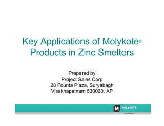 Key Applications of Molykote®
 Products in Zinc Smelters

             Prepared by
          Project Sales Corp
      28 Founta Plaza, Suryabagh
      Visakhapatnam 530020, AP
 
