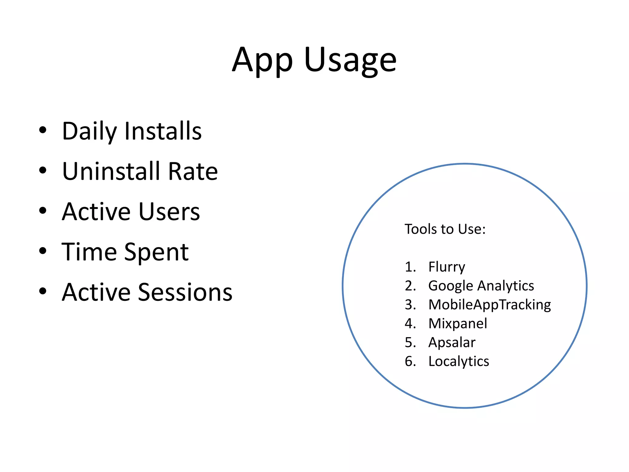 App Usage
• Daily Installs
• Uninstall Rate
• Active Users
• Time Spent
• Active Sessions
Tools to Use:
1. Flurry
2. Google Analytics
3. MobileAppTracking
4. Mixpanel
5. Apsalar
6. Localytics
 
