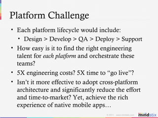 Platform Challenge Each platform lifecycle would include: Design > Develop > QA > Deploy > Support How easy is it to find the right engineering talent for  each platform  and orchestrate these teams? 5X engineering costs? 5X time to “go live”? Isn’t it more effective to adopt cross-platform architecture and significantly reduce the effort and time-to-market? Yet, achieve the rich experience of native mobile apps… 