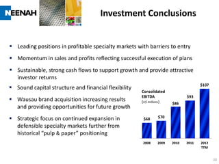 Investment Conclusions


 Leading positions in profitable specialty markets with barriers to entry
 Momentum in sales and profits reflecting successful execution of plans
 Sustainable, strong cash flows to support growth and provide attractive
  investor returns
                                                                                    $107
 Sound capital structure and financial flexibility
                                                      Consolidated
                                                      EBITDA                 $93
 Wausau brand acquisition increasing results         (U$ millions)   $86
  and providing opportunities for future growth
 Strategic focus on continued expansion in            $68     $70

  defensible specialty markets further from
  historical “pulp & paper” positioning
                                                      2008    2009    2010   2011   2012
                                                                                    TTM


                                                                                           20
 