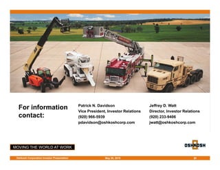 MOVING THE WORLD AT WORK
For information
contact:
Patrick N. Davidson
Vice President, Investor Relations
(920) 966-5939
pdavidson@oshkoshcorp.com
21
Jeffrey D. Watt
Director, Investor Relations
(920) 233-9406
jwatt@oshkoshcorp.com
May 28, 2015Oshkosh Corporation Investor Presentation 21
 