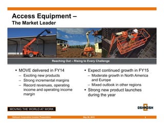 MOVING THE WORLD AT WORK
Access Equipment –
The Market Leader
 MOVE delivered in FY14
– Exciting new products
– Strong incremental margins
– Record revenues, operating
income and operating income
margin
 Expect continued growth in FY15
– Moderate growth in North America
and Europe
– Mixed outlook in other regions
 Strong new product launches
during the year
9
Reaching Out – Rising to Every Challenge
May 28, 2015Oshkosh Corporation Investor Presentation
 