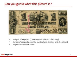 Can you guess what this picture is?
2
 Origins of KeyBank (The Commercial Bank of Albany)
 America's export potential (Agriculture, textiles and chemicals)
 Signed by Dewitt Clinton
 