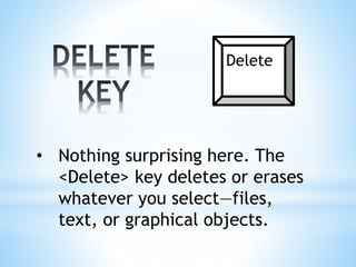• Nothing surprising here. The
<Delete> key deletes or erases
whatever you select—files,
text, or graphical objects.
Delete