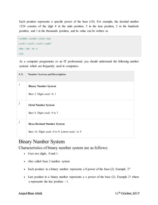 Amjad Khan Afridi 11th
October, 2017
Each position represents a specific power of the base (10). For example, the decimal number
1234 consists of the digit 4 in the units position, 3 in the tens position, 2 in the hundreds
position, and 1 in the thousands position, and its value can be written as
(1x1000)+ (2x100)+ (3x10)+ (4xl)
(1x103
)+ (2x102
)+ (3x101
)+ (4xl00
)
1000 + 200 + 30 + 4
1234
As a computer programmer or an IT professional, you should understand the following number
systems which are frequently used in computers.
S.N. Number System and Description
1
Binary Number System
Base 2. Digits used : 0, 1
2
Octal Number System
Base 8. Digits used : 0 to 7
3
Hexa Decimal Number System
Base 16. Digits used : 0 to 9, Letters used : A- F
Binary Number System
Characteristics of binary number system are as follows:
 Uses two digits, 0 and 1.
 Also called base 2 number system
 Each position in a binary number represents a 0 power of the base (2). Example 20
 Last position in a binary number represents a x power of the base (2). Example 2x where
x represents the last position - 1.
 