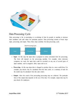 Amjad Khan Afridi 11th
October, 2017
Data Processing Cycle
Data processing is the re-structuring or re-ordering of data by people or machine to increase
their usefulness and add values for particular purpose. Data processing consists of basic steps
input, processing and output. These three steps constitute the data processing cycle.
 Input - In this step the input data is prepared in some convenient form for processing.
The form will depend on the processing machine. For example, when electronic
computers are used, the input data could be recorded on any one of several types of
input medium, such as magnetic disks, tapes and so on.
 Processing - In this step input data is changed to produce data in a more useful form. For
example, pay-checks may be calculated from the time cards, or a summary of sales for
the month may be calculated from the sales orders.
 Output - Here the result of the proceeding processing step are collected. The particular
form of the output data depends on the use of the data. For example, output data may be
pay-checks for employees.
 