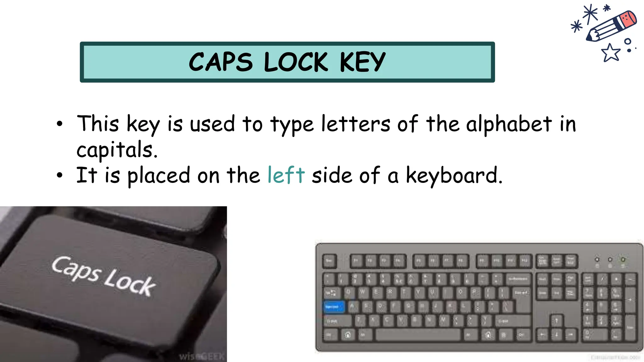 CAPS LOCK KEY
• This key is used to type letters of the alphabet in
capitals.
• It is placed on the left side of a keyboard.
 
