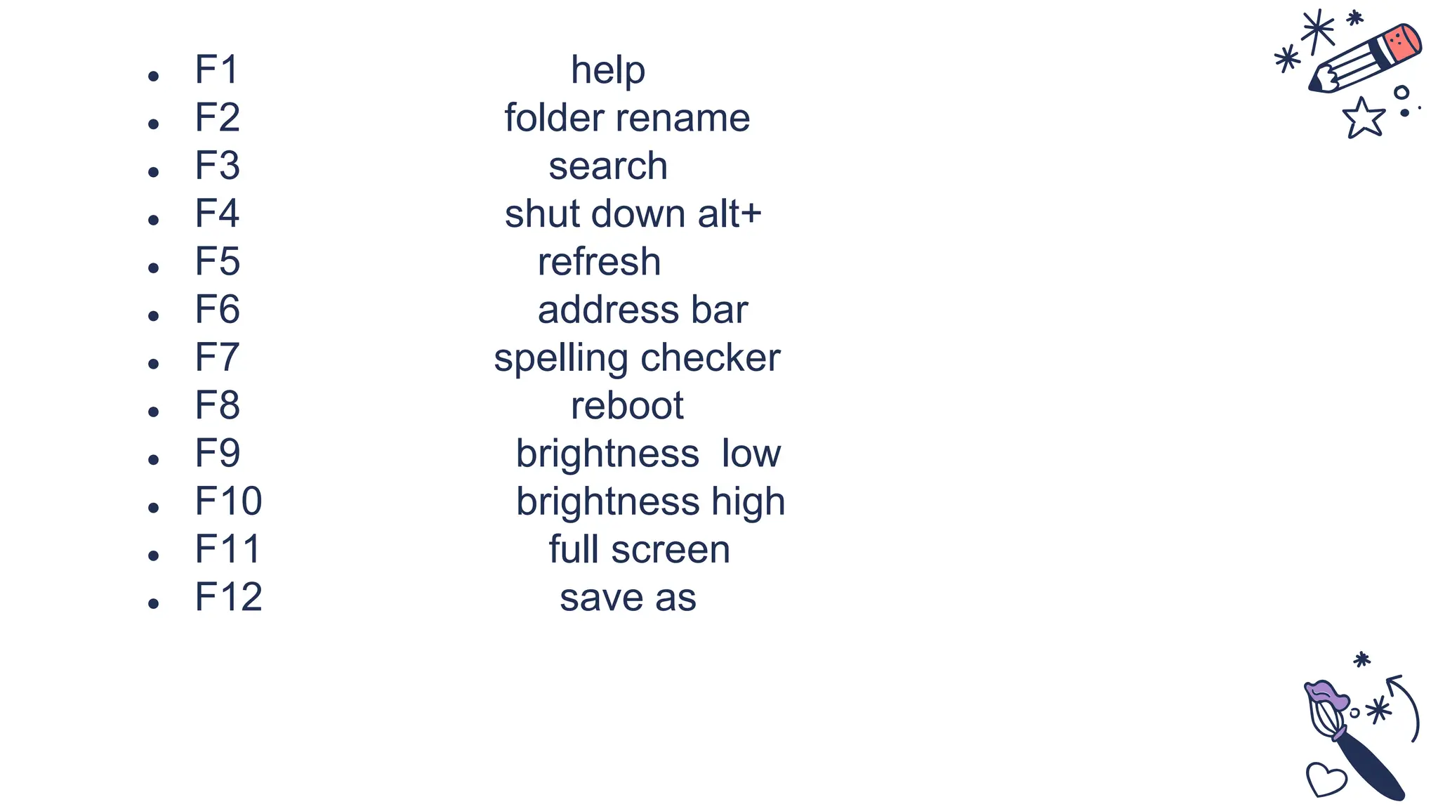 ● F1 help
● F2 folder rename
● F3 search
● F4 shut down alt+
● F5 refresh
● F6 address bar
● F7 spelling checker
● F8 reboot
● F9 brightness low
● F10 brightness high
● F11 full screen
● F12 save as
 