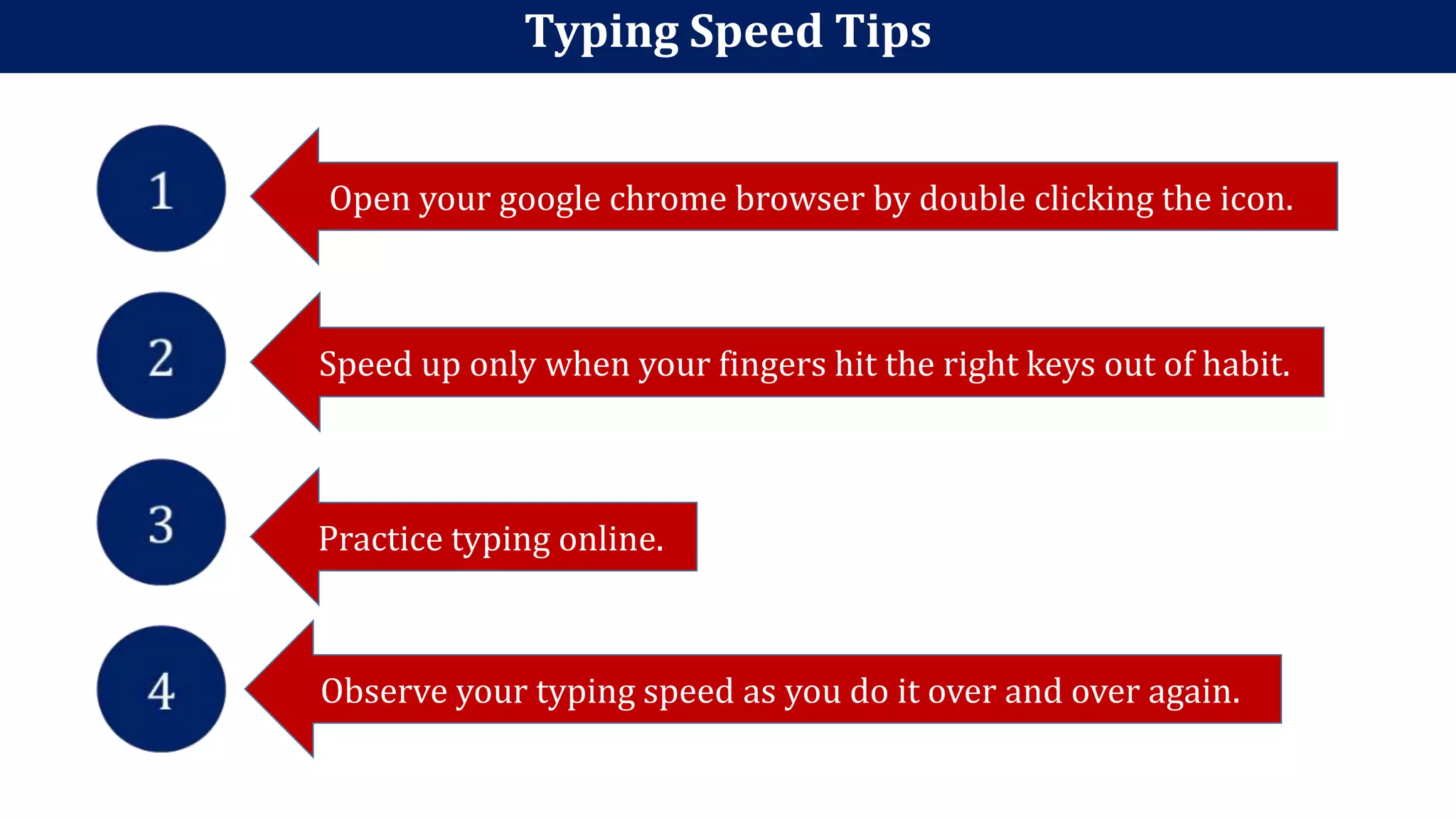 Typing Speed Tips
Open your google chrome browser by double clicking the icon.
.
Speed up only when your fingers hit the right keys out of habit.
Practice typing online.
Observe your typing speed as you do it over and over again.