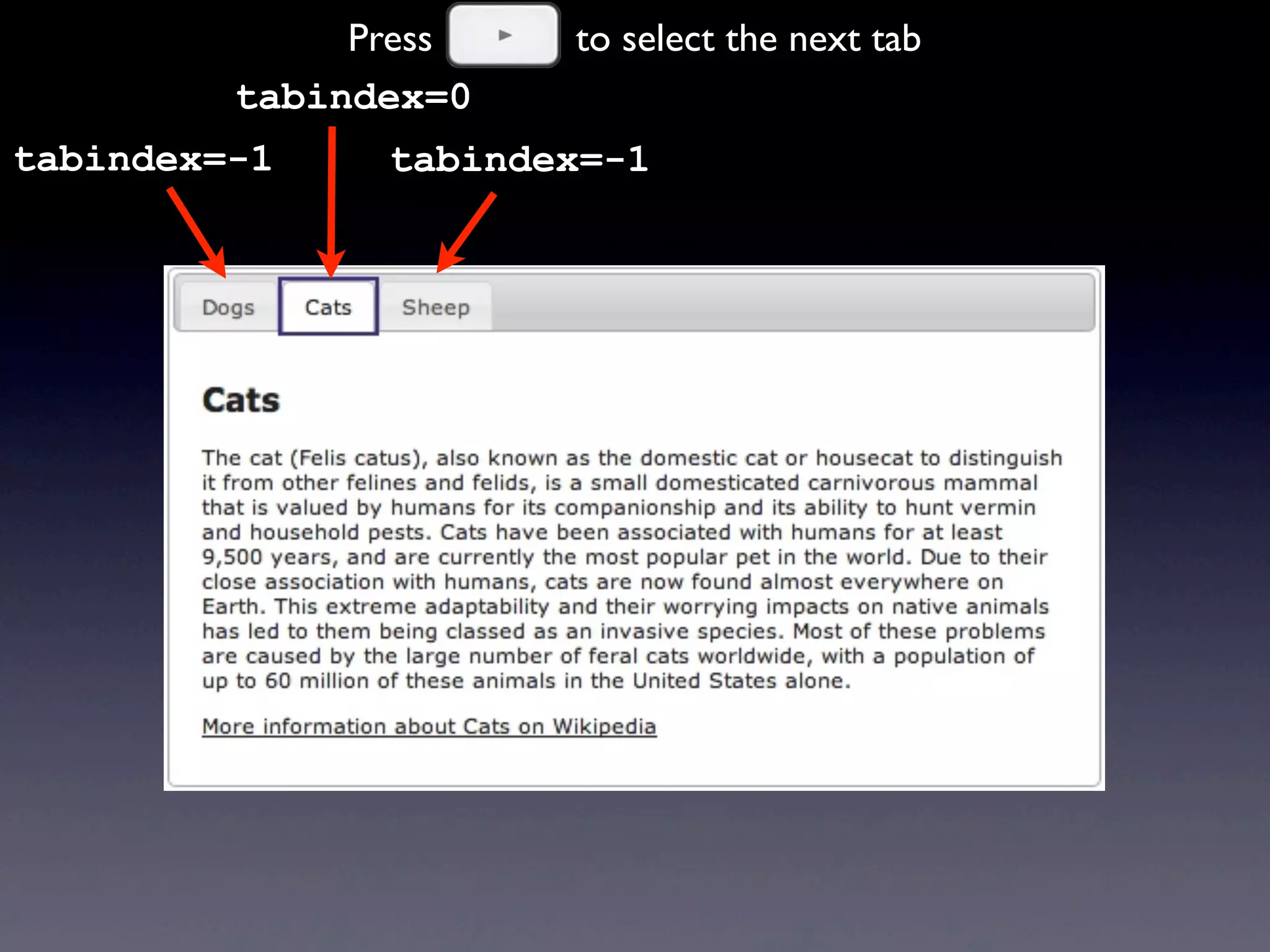 tabindex=0
tabindex=-1 tabindex=-1
Press to select the next tab
 