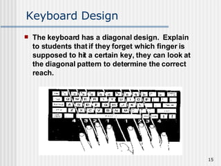 Keyboard Design The keyboard has a diagonal design.  Explain to students that if they forget which finger is supposed to hit a certain key, they can look at the diagonal pattern to determine the correct reach.   
