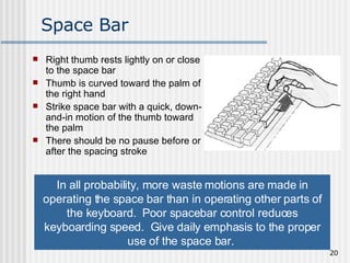 Space Bar Right thumb rests lightly on or close to the space bar Thumb is curved toward the palm of the right hand Strike space bar with a quick, down-and-in motion of the thumb toward the palm There should be no pause before or after the spacing stroke In all probability, more waste motions are made in operating the space bar than in operating other parts of the keyboard.  Poor spacebar control reduces keyboarding speed.  Give daily emphasis to the proper use of the space bar.   