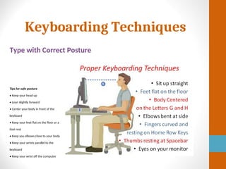 Keyboarding Techniques
Type with Correct Posture
Tips for safe posture
• Keep your head up
• Lean slightly forward
• Center your body in front of the
keyboard
• Keep your feet flat on the floor or a
foot rest
• Keep you elbows close to your body
• Keep your wrists parallel to the
keyboard
• Keep your wrist off the computer
 