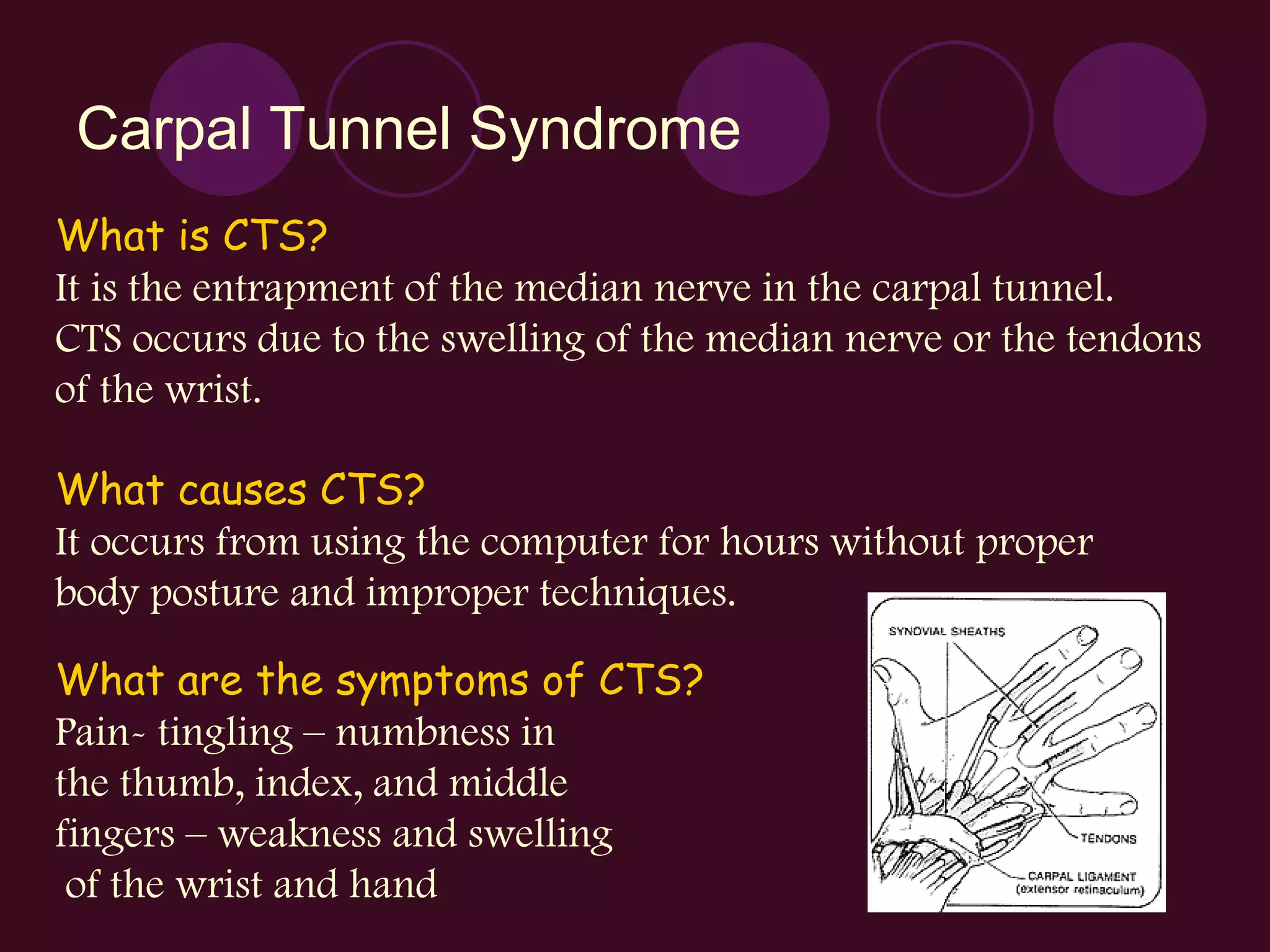 Carpal Tunnel Syndrome What is CTS? It is the entrapment of the median nerve in the carpal tunnel.  CTS occurs due to the swelling of the median nerve or the tendons of the wrist. What causes CTS? It occurs from using the computer for hours without proper  body posture and improper techniques. What are the symptoms of CTS? Pain- tingling – numbness in  the thumb, index, and middle  fingers – weakness and swelling of the wrist and hand  