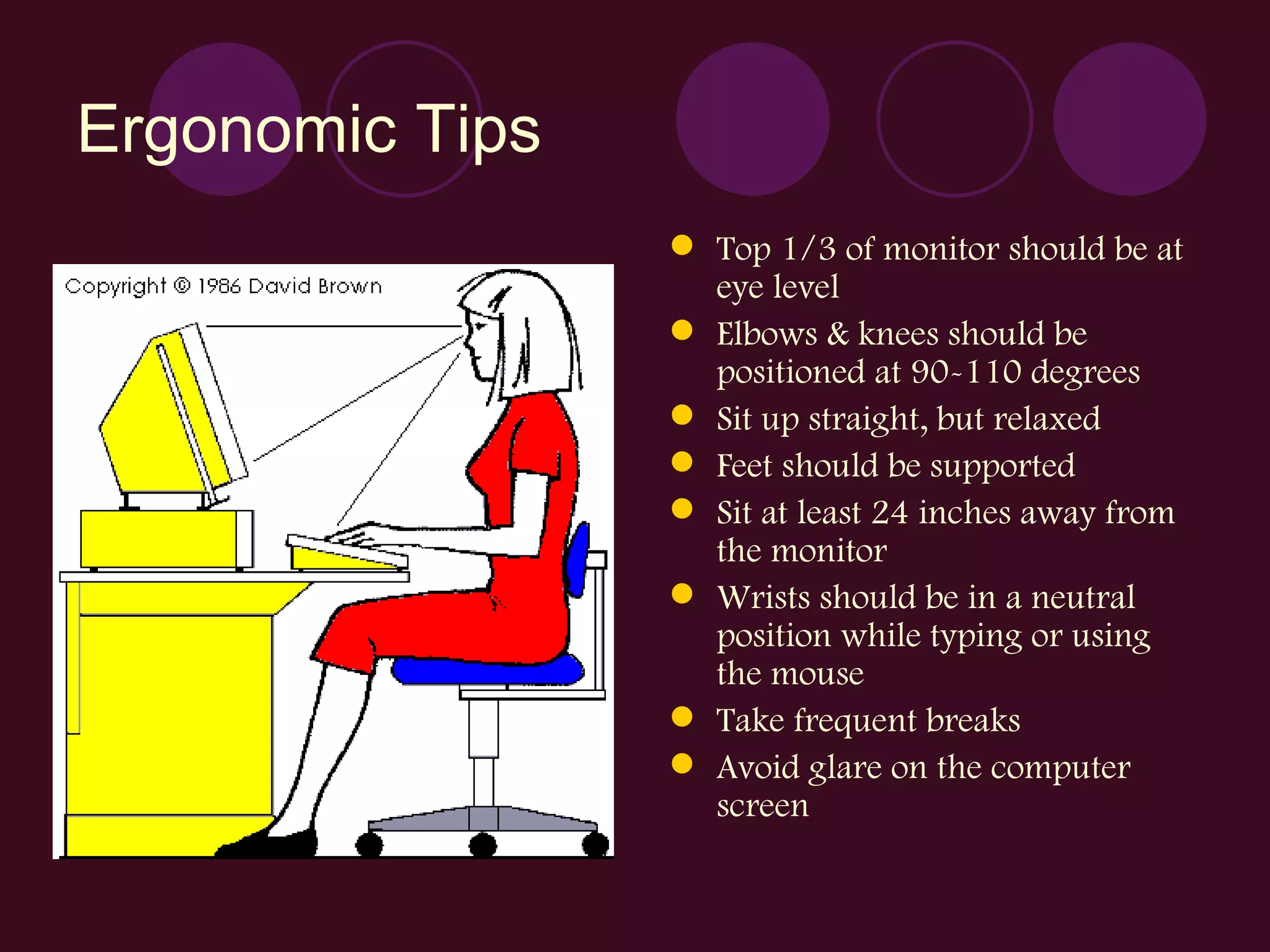 Ergonomic Tips Top 1/3 of monitor should be at eye level Elbows & knees should be positioned at 90-110 degrees Sit up straight, but relaxed Feet should be supported Sit at least 24 inches away from the monitor Wrists should be in a neutral position while typing or using the mouse  Take frequent breaks Avoid glare on the computer screen 