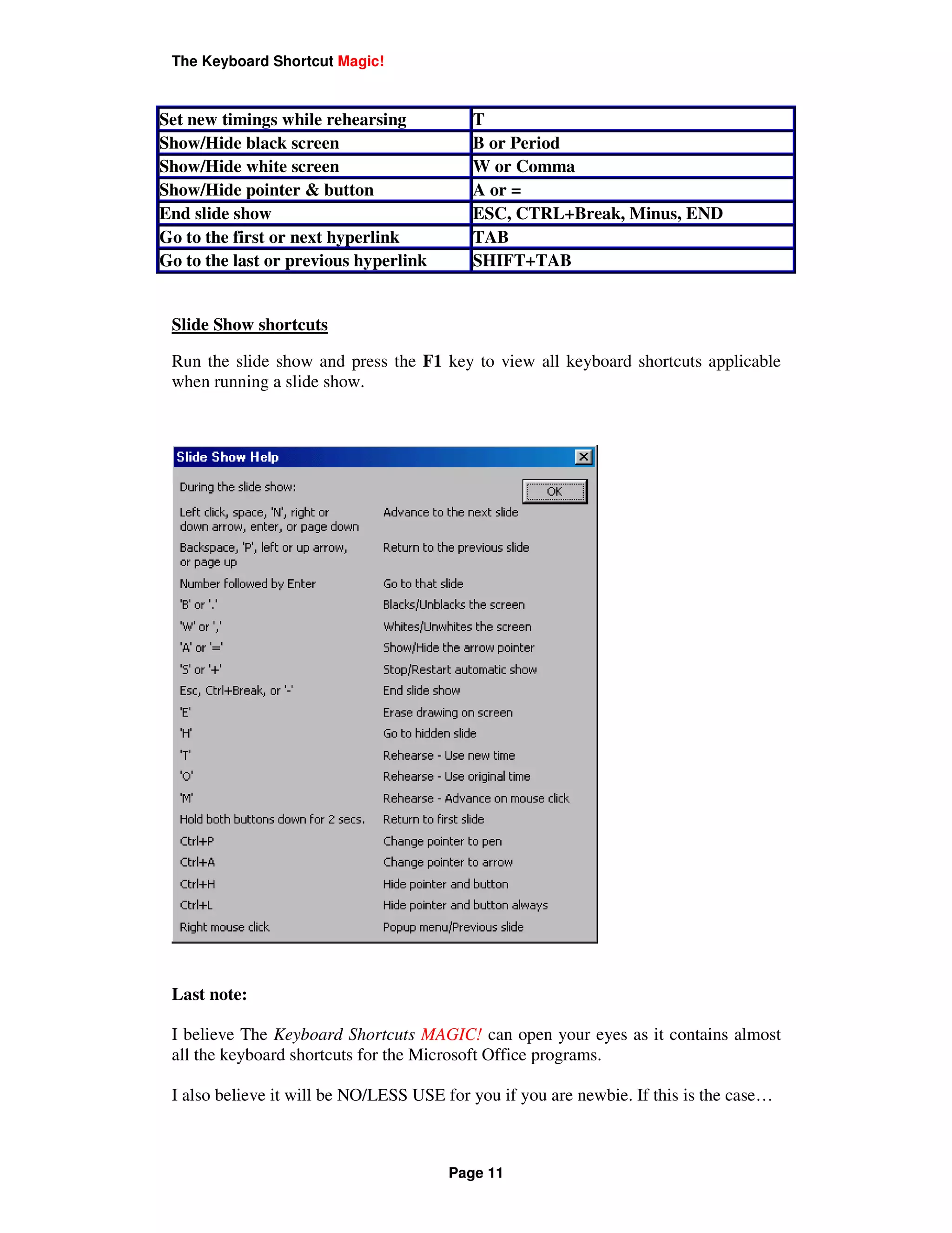 The Keyboard Shortcut Magic!



Set new timings while rehearsing           T
Show/Hide black screen                     B or Period
Show/Hide white screen                     W or Comma
Show/Hide pointer & button                 A or =
End slide show                             ESC, CTRL+Break, Minus, END
Go to the first or next hyperlink          TAB
Go to the last or previous hyperlink       SHIFT+TAB


 Slide Show shortcuts

 Run the slide show and press the F1 key to view all keyboard shortcuts applicable
 when running a slide show.




 Last note:

 I believe The Keyboard Shortcuts MAGIC! can open your eyes as it contains almost
 all the keyboard shortcuts for the Microsoft Office programs.

 I also believe it will be NO/LESS USE for you if you are newbie. If this is the case…



                                        Page 11
 