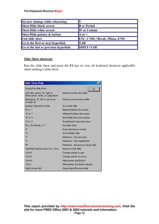The Keyboard Shortcut Magic!
This report provided by http://www.msoffice-tutorial-training.com. Visit the
site for more FREE Office 2007 & 2003 tutorials and information.
Page 12
Set new timings while rehearsing T
Show/Hide black screen B or Period
Show/Hide white screen W or Comma
Show/Hide pointer & button A or =
End slide show ESC, CTRL+Break, Minus, END
Go to the first or next hyperlink TAB
Go to the last or previous hyperlink SHIFT+TAB
Slide Show shortcuts
Run the slide show and press the F1 key to view all keyboard shortcuts applicable
when running a slide show.
 