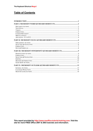 The Keyboard Shortcut Magic!
This report provided by http://www.msoffice-tutorial-training.com. Visit the
site for more FREE Office 2007 & 2003 tutorials and information.
Table of Contents
INTRODUCTION ..................................................................................................................................1
PART I: MICROSOFT WORD KEYBOARD SHORTCUTS...........................................................2
DOCUMENT ACTIONS ............................................................................................................................2
TEXT STYLE ..........................................................................................................................................2
TABLES .................................................................................................................................................3
FORMATTING.........................................................................................................................................3
CURSOR MOVEMENT.............................................................................................................................4
MISCELLANEOUS...................................................................................................................................4
ADVANCED – F1 TO F12........................................................................................................................4
PART II: MICROSOFT EXCEL KEYBOARD SHORTCUTS ........................................................6
SPREADSHEET ACTIONS ........................................................................................................................6
SELECTING & NAVIGATING...................................................................................................................6
FORMATTING.........................................................................................................................................7
DATA & FORMULAS ..............................................................................................................................8
PART III: MICROSOFT POWERPOINT KEYBOARD SHORTCUTS.........................................9
PRESENTATION ACTIONS.......................................................................................................................9
FORMATTING.........................................................................................................................................9
SELECTING & NAVIGATING.................................................................................................................10
EDITING...............................................................................................................................................10
DRAWING & FORMATTING ..................................................................................................................11
SLIDE SHOW ACTIONS.........................................................................................................................11
PART IV: MICROSOFT OUTLOOK KEYBOARD SHORTCUTS..............................................13
GENERAL ACTIONS .............................................................................................................................13
CALENDAR WEEK VIEW......................................................................................................................14
MAIN OUTLOOK ACTIONS...................................................................................................................14
 
