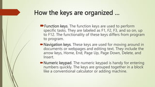 How the keys are organized …
Function keys. The function keys are used to perform
specific tasks. They are labeled as F1,...