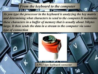 From the keyboard to the computer
As you type the processor in the keyboard is analyzing the key matrix
and determining what characters to send to the computer.It maintains
these characters in a buffer of memory that is usually about 16bytes
large. It then sends the data in a stream to the computer via some
type of connection
A PS/2 type keyboard connector
 