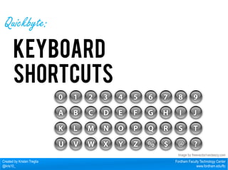 Fordham Faculty Technology Center 
www.fordham.edu/ftc 
Quickbyte: 
Keyboard 
Shortcuts 
Created by Kristen Treglia 
@kris10_ 
Image by freevector/vecteezy.com 
 