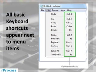 All basic
Keyboard
shortcuts
appear next
to menu
items.
 