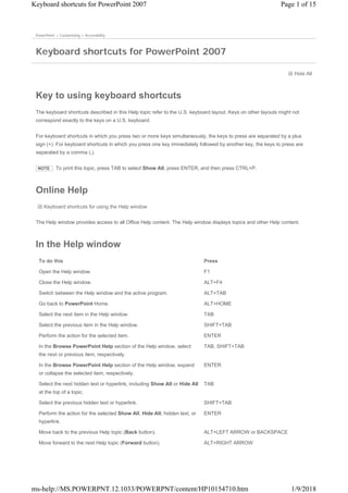 Hide All
Key to using keyboard shortcuts
The keyboard shortcuts described in this Help topic refer to the U.S. keyboard layout. Keys on other layouts might not
correspond exactly to the keys on a U.S. keyboard.
For keyboard shortcuts in which you press two or more keys simultaneously, the keys to press are separated by a plus
sign (+). For keyboard shortcuts in which you press one key immediately followed by another key, the keys to press are
separated by a comma (,).
NOTE To print this topic, press TAB to select Show All, press ENTER, and then press CTRL+P.
Online Help
Keyboard shortcuts for using the Help window
The Help window provides access to all Office Help content. The Help window displays topics and other Help content.
In the Help window
PowerPoint > Customizing > Accessibility
Keyboard shortcuts for PowerPoint 2007
To do this Press
Open the Help window. F1
Close the Help window. ALT+F4
Switch between the Help window and the active program. ALT+TAB
Go back to PowerPoint Home. ALT+HOME
Select the next item in the Help window. TAB
Select the previous item in the Help window. SHIFT+TAB
Perform the action for the selected item. ENTER
In the Browse PowerPoint Help section of the Help window, select
the next or previous item, respectively.
TAB, SHIFT+TAB
In the Browse PowerPoint Help section of the Help window, expand
or collapse the selected item, respectively.
ENTER
Select the next hidden text or hyperlink, including Show All or Hide All
at the top of a topic.
TAB
Select the previous hidden text or hyperlink. SHIFT+TAB
Perform the action for the selected Show All, Hide All, hidden text, or
hyperlink.
ENTER
Move back to the previous Help topic (Back button). ALT+LEFT ARROW or BACKSPACE
Move forward to the next Help topic (Forward button). ALT+RIGHT ARROW
Page 1 of 15Keyboard shortcuts for PowerPoint 2007
1/9/2018ms-help://MS.POWERPNT.12.1033/POWERPNT/content/HP10154710.htm
 