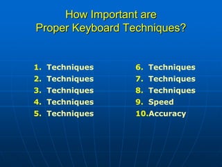 How Important are
Proper Keyboard Techniques?


1. Techniques    6. Techniques
2. Techniques    7. Techniques
3. Techniques    8. Techniques
4. Techniques    9. Speed
5. Techniques    10.Accuracy
 