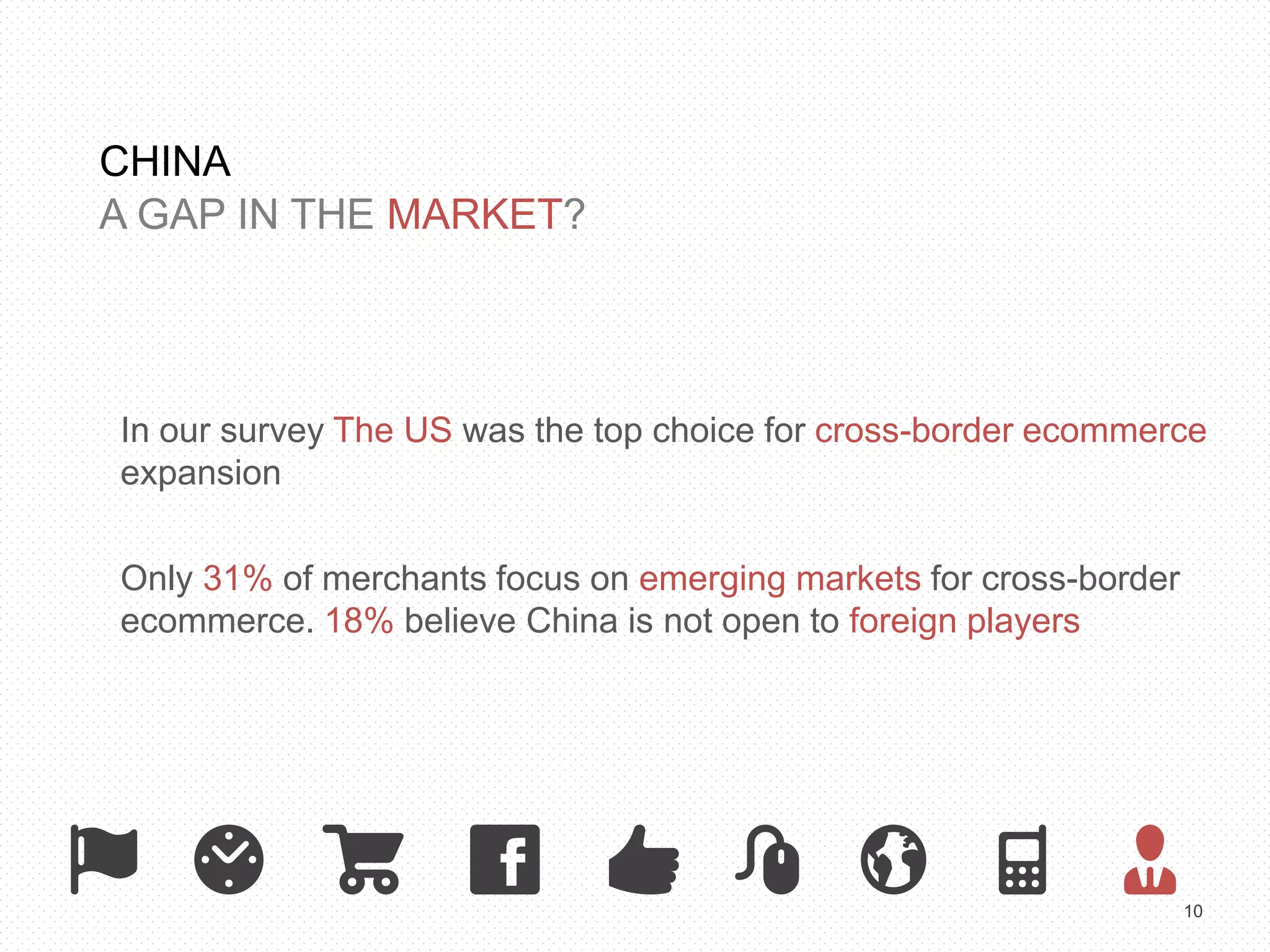 10 
CHINA 
A GAP IN THE MARKET? 
In our survey The US was the top choice for cross-border ecommerce 
expansion 
Only 31% of merchants focus on emerging markets for cross-border 
ecommerce. 18% believe China is not open to foreign players 
 