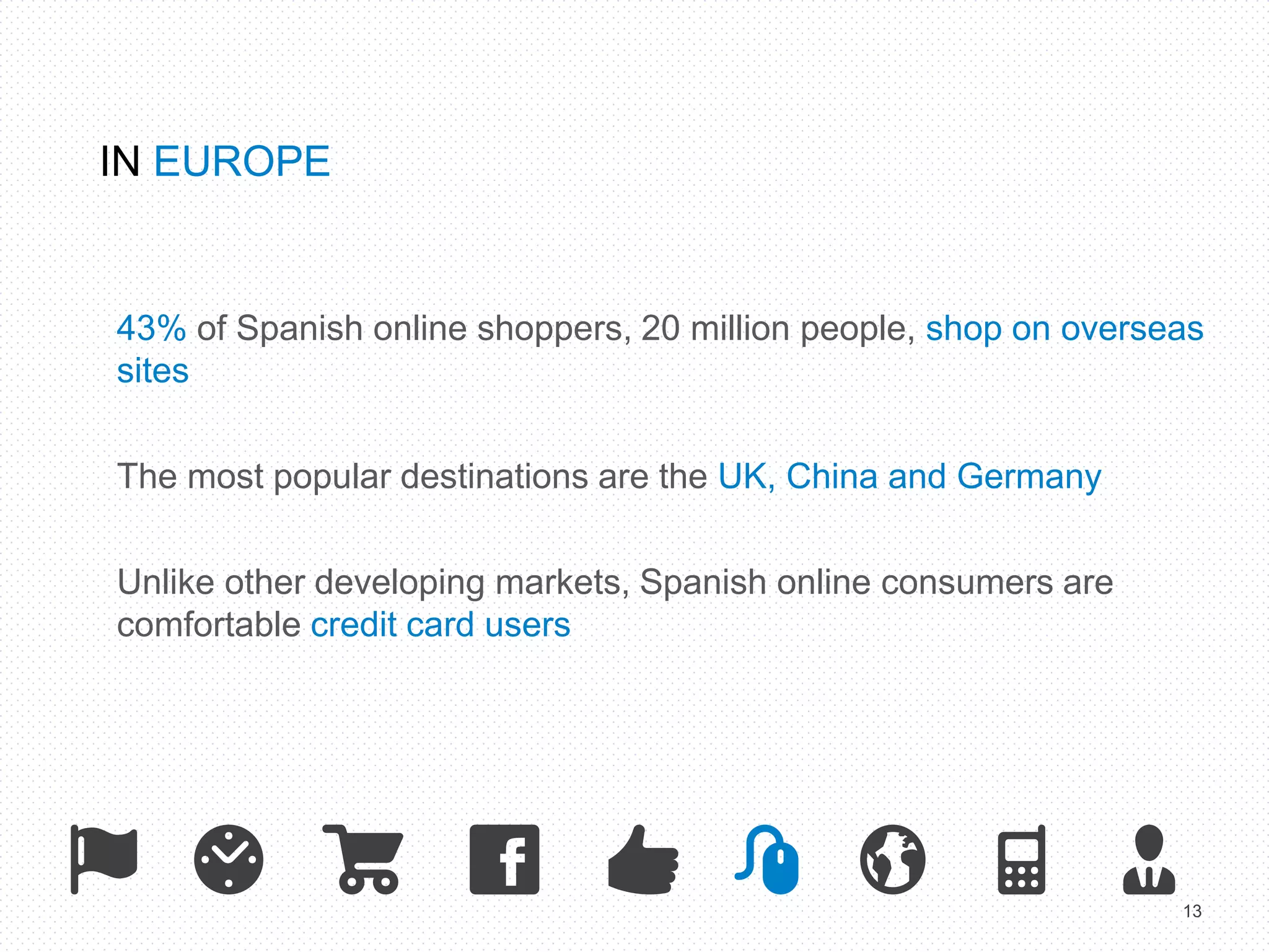 13 
IN EUROPE 
43% of Spanish online shoppers, 20 million people, shop on overseas 
sites 
The most popular destinations are the UK, China and Germany 
Unlike other developing markets, Spanish online consumers are 
comfortable credit card users 
 