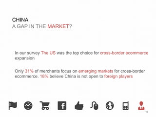 10 
CHINA 
A GAP IN THE MARKET? 
In our survey The US was the top choice for cross-border ecommerce 
expansion 
Only 31% of merchants focus on emerging markets for cross-border 
ecommerce. 18% believe China is not open to foreign players 
 