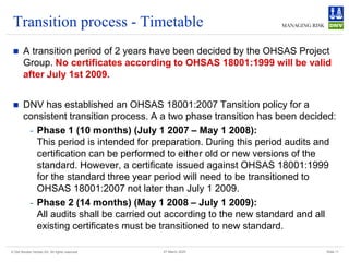 © Det Norske Veritas AS. All rights reserved Slide 11
27 March 2025
Transition process - Timetable
◼ A transition period of 2 years have been decided by the OHSAS Project
Group. No certificates according to OHSAS 18001:1999 will be valid
after July 1st 2009.
◼ DNV has established an OHSAS 18001:2007 Tansition policy for a
consistent transition process. A a two phase transition has been decided:
- Phase 1 (10 months) (July 1 2007 – May 1 2008):
This period is intended for preparation. During this period audits and
certification can be performed to either old or new versions of the
standard. However, a certificate issued against OHSAS 18001:1999
for the standard three year period will need to be transitioned to
OHSAS 18001:2007 not later than July 1 2009.
- Phase 2 (14 months) (May 1 2008 – July 1 2009):
All audits shall be carried out according to the new standard and all
existing certificates must be transitioned to new standard.
 