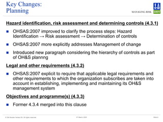 © Det Norske Veritas AS. All rights reserved Slide 6
27 March 2025
Key Changes:
Planning
Hazard identification, risk assessment and determining controls (4.3.1)
◼ OHSAS:2007 improved to clarify the process steps: Hazard
Identification → Risk assessment → Determination of controls
◼ OHSAS:2007 more explicitly addresses Management of change
◼ Introduced new paragraph considering the hierarchy of controls as part
of OH&S plannng
Legal and other requirements (4.3.2)
◼ OHSAS:2007 explicit to require that applicable legal requirements and
other requirements to which the organization subscribes are taken into
account in establishing, implementing and maintaining its OH&S
management system
Objectives and programme(s) (4.3.3)
◼ Former 4.3.4 merged into this clause
 
