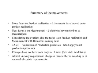 Summary of the movements More focus on Product realization – 11 elements have moved on to product realization Next focus is on Measurement – 5 elements have moved on to measurement Considering the overlaps also the focus is on Product realization and Measurement with Resources coming next 7.5.2.1 – Validation of Production processes – Shall apply to all production processes Changes have not been done only in 17 areas (See table for details) Almost in every requirement, change is made either in wording or in removal of certain requirements. 