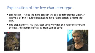 Explanation of the key character type
• The helper – Helps the hero take on the role of fighting the villain. A
example of this is Chewbacca as he help Hansolo fight against the
sith.
• The dispatcher – This character usually invites the hero to eliminate
the evil. An example of this M from James Bond.
 