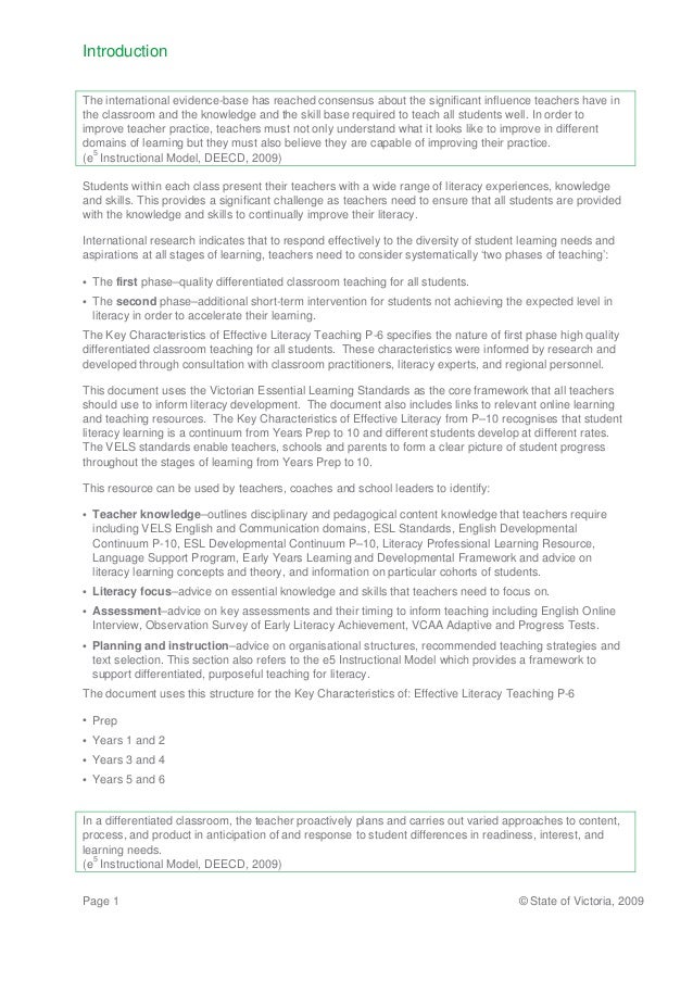 Key characteristics of successful literacy teaching Victoria