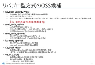 Copyright（C） Nomura Research Institute, Ltd. All rights reserved. 13
リバプロ型方式のOSS候補
 Keycloak Security Proxy
 Keycloakオフィシャルのプロキシ実装(Undertowを利用)
 ただし、RH SSOに含まれていない
 アクセスログがない、任意項目をHTTPヘッダにマッピングできない、バックエンドは1つしか設定できないなど機能的に不十
分
 コミットログを見るとやる気のなさを感じる
 mod_auth_mellon
 SAML SP用のApacheモジュール
 RHEL6/7に付属 (ただしバージョンは0.8.0/0.11.0とちょっと古い)
 RH SSOのSupported Configurationsに含まれている
 mod_auth_openidc
 OIDC RP/OAuth2 RS用のApacheモジュール
 RHEL7に付属 (ただしバージョンは1.8.8とちょっと古い)
 lua-resty-openidc
 OIDC RP/OAuth2 RS用のNginx向け実装
 mod_auth_openidcと同じ作者による開発
 Keycloak Proxy
 Go言語によるKeycloakに特化したOIDC RP用のプロキシ実装
 1年半前くらいに軽く評価したときは他と比べると性能がいまいちだった
 oauth2_proxy
 Go言語によるOAuth2/OIDC RP用のプロキシ実装
 GitHubのStar数は一番多い(3015)
 バックエンドは1つしか設定できない
 