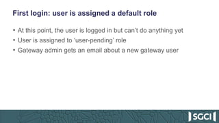 First login: user is assigned a default role
• At this point, the user is logged in but can’t do anything yet
• User is assigned to ‘user-pending’ role
• Gateway admin gets an email about a new gateway user
 