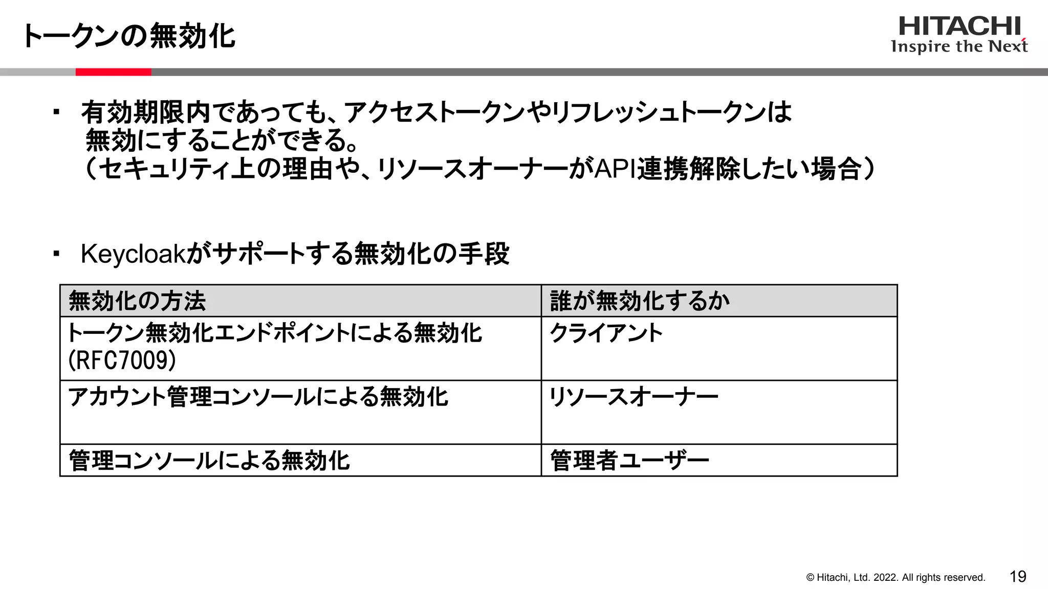19
© Hitachi, Ltd. 2022. All rights reserved.
トークンの無効化
無効化の方法 誰が無効化するか
トークン無効化エンドポイントによる無効化
(RFC7009)
クライアント
アカウント管理コンソールによる無効化 リソースオーナー
管理コンソールによる無効化 管理者ユーザー
・ 有効期限内であっても、アクセストークンやリフレッシュトークンは
無効にすることができる。
（セキュリティ上の理由や、リソースオーナーがAPI連携解除したい場合）
・ Keycloakがサポートする無効化の手段
 