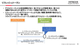 18
&copy; Hitachi, Ltd. 2022. All rights reserved.
リフレッシュトークン
・ アクセストークンには有効期限があり、短くすることが推奨（数分、数十分）
期限が切れるたびに認可コードフローで認証や認可をしていたら不便。
・ リフレッシュトークンはアクセストークンよりも長い期限（数時間や数日など）。
アクセストークンと一緒に発行。
クライアントはリフレッシュトークンを使えばアクセストークンを再取得できる。
クライアント 認可サーバー
(Keycloak)
1. リフレッシュリクエスト
(w/リフレッシュトークン、クライアント
ID、クライアントシークレット)
3. リフレッシュレスポンス
（w/アクセストークン、リフレッシュ
トークン）
2. クライアント認証と
リフレッシュトークンの検証
トークン
エンドポイント
 