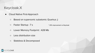 Keycloak.X
● Cloud Native First-Approach
○ Based on supersonic subatomic Quarkus ;)
○ Faster Startup : 7 s
○ Lower Memory Footprint : 428 Mb
○ Less distribution size
○ Stateless & Decomposed
* 35% improvement vs Keycloak
 
