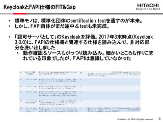 © Hitachi, Ltd. 2018. All rights reserved.
KeycloakとFAPI仕様のFIT&Gap
9
• 標準モノは、標準化団体のcertification testを通すのが本来。
• しかし、FAPI自体がまだ途中＆testも未完成。
• 「認可サーバとして」のKeycloakを評価。2017年3末時点(Keycloak
3.0.0)に、FAPIの仕様書と関連する仕様を読み込んで、非対応部
分を洗い出しました
• 動作確認＆ソースもがっつり読み込み。細かいところも作りこま
れている印象でしたが、ＦＡＰＩは意識していなかった
 